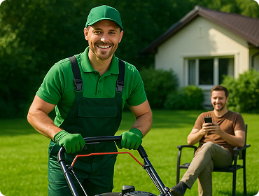 A landscaper mowing a lawn on a ride-on mower