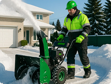 A professional clearing snow with a snowblower