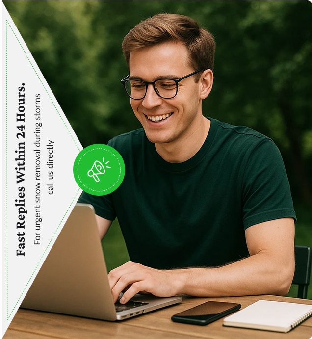 A team member from PA Lawn Service responding to a customer inquiry on a laptop