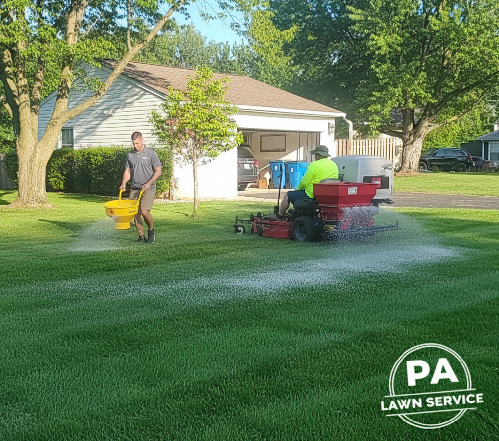 A professional applying granular fertilizer to a lush, green lawn.
