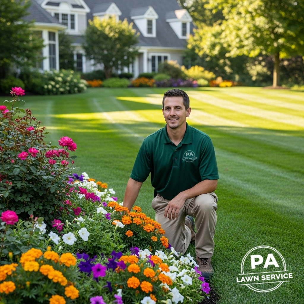 A detailed close-up shot of a healthy, green lawn with a professional applicator hose visible.