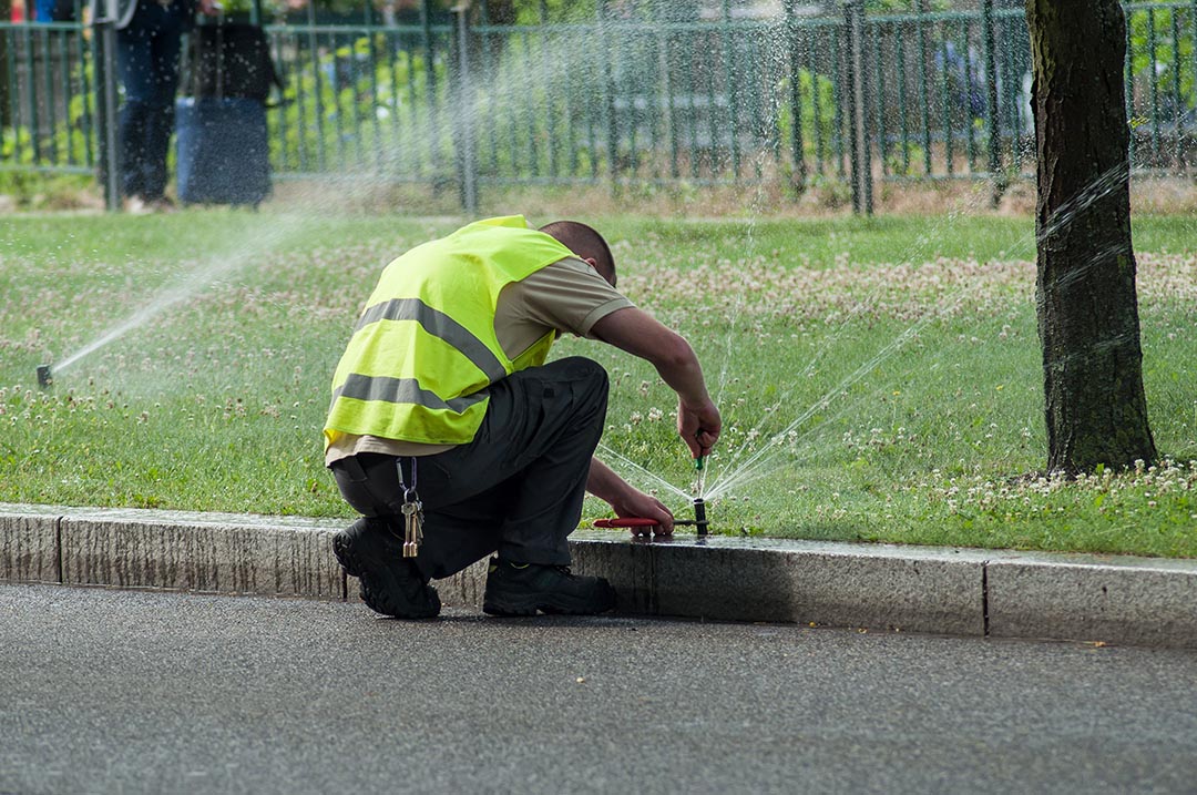 A new irrigation system installed on a front lawn