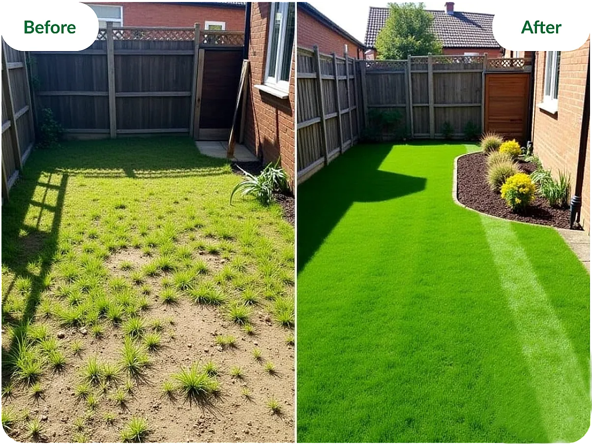 A professional landscaper carefully laying new sod on a patchy lawn.