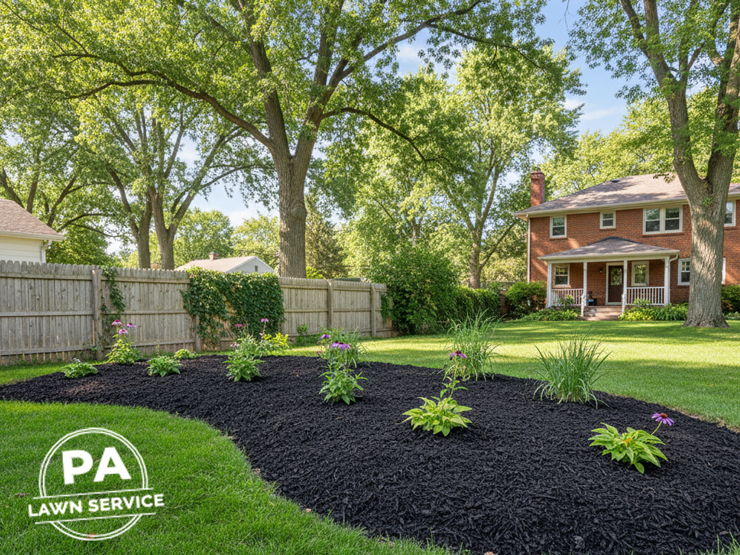 A freshly mulched garden bed with rich, dark mulch