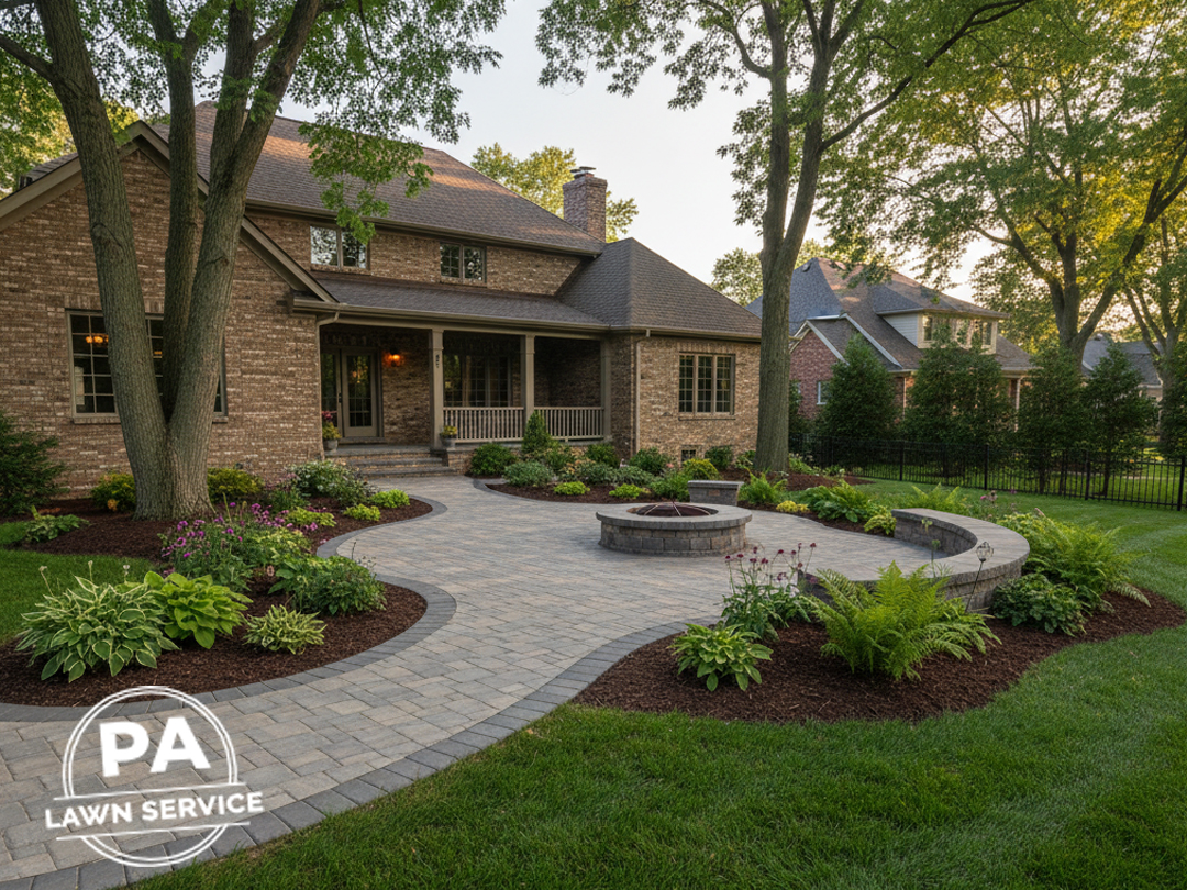 A newly finished, custom paver patio and walkway